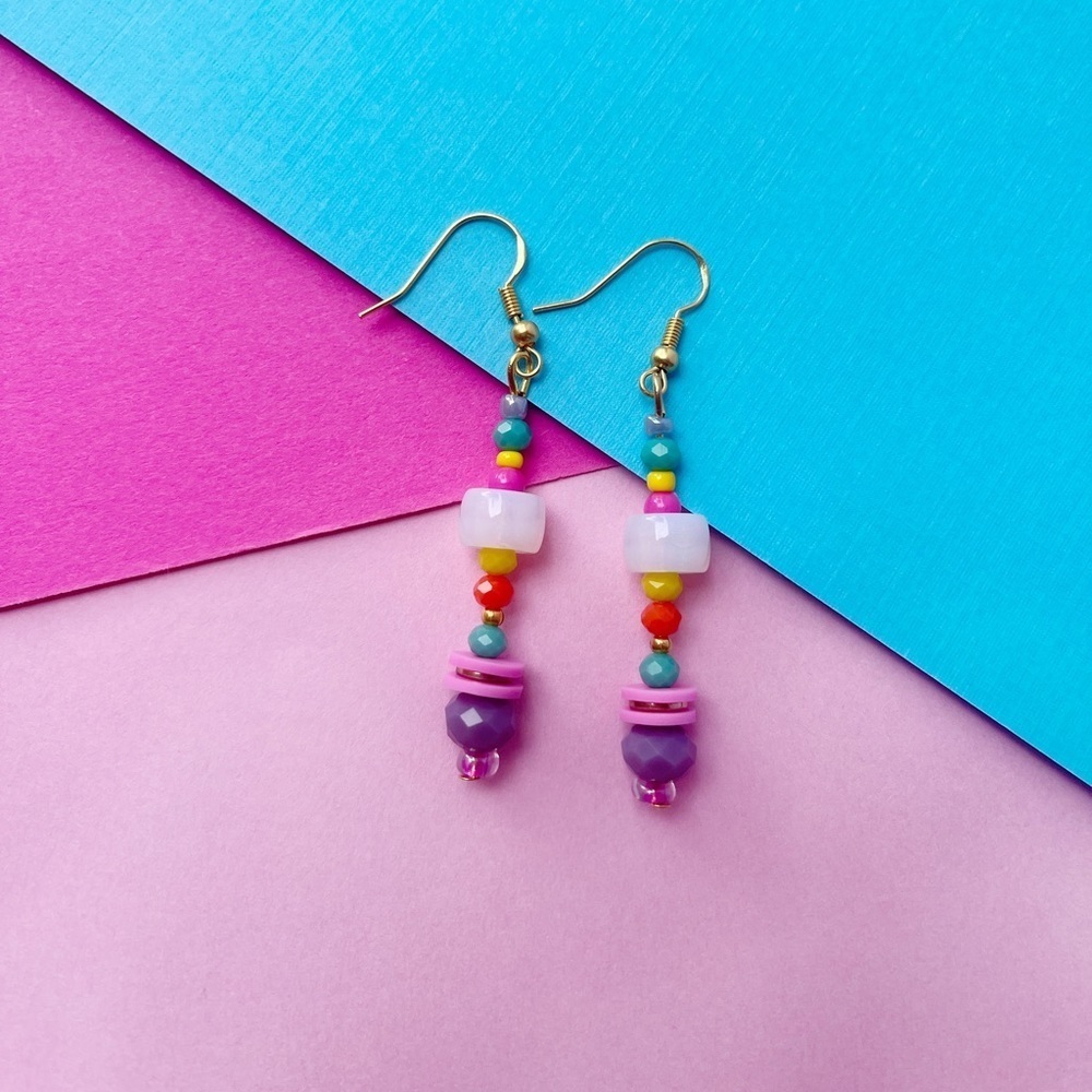 Handmade boho Funky Beaded Dangle Long Earrings | Gold Plated Sterling‎ Silver
